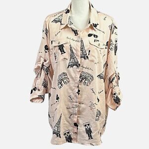 Karl Lagerfeld Blouse sz XL Pink Button Up Paris France Sunglasses Eiffel Tower